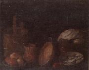 Still life of apples and herring in bowls,a beaten copper jar,a pan and other kitchen implements unknow artist